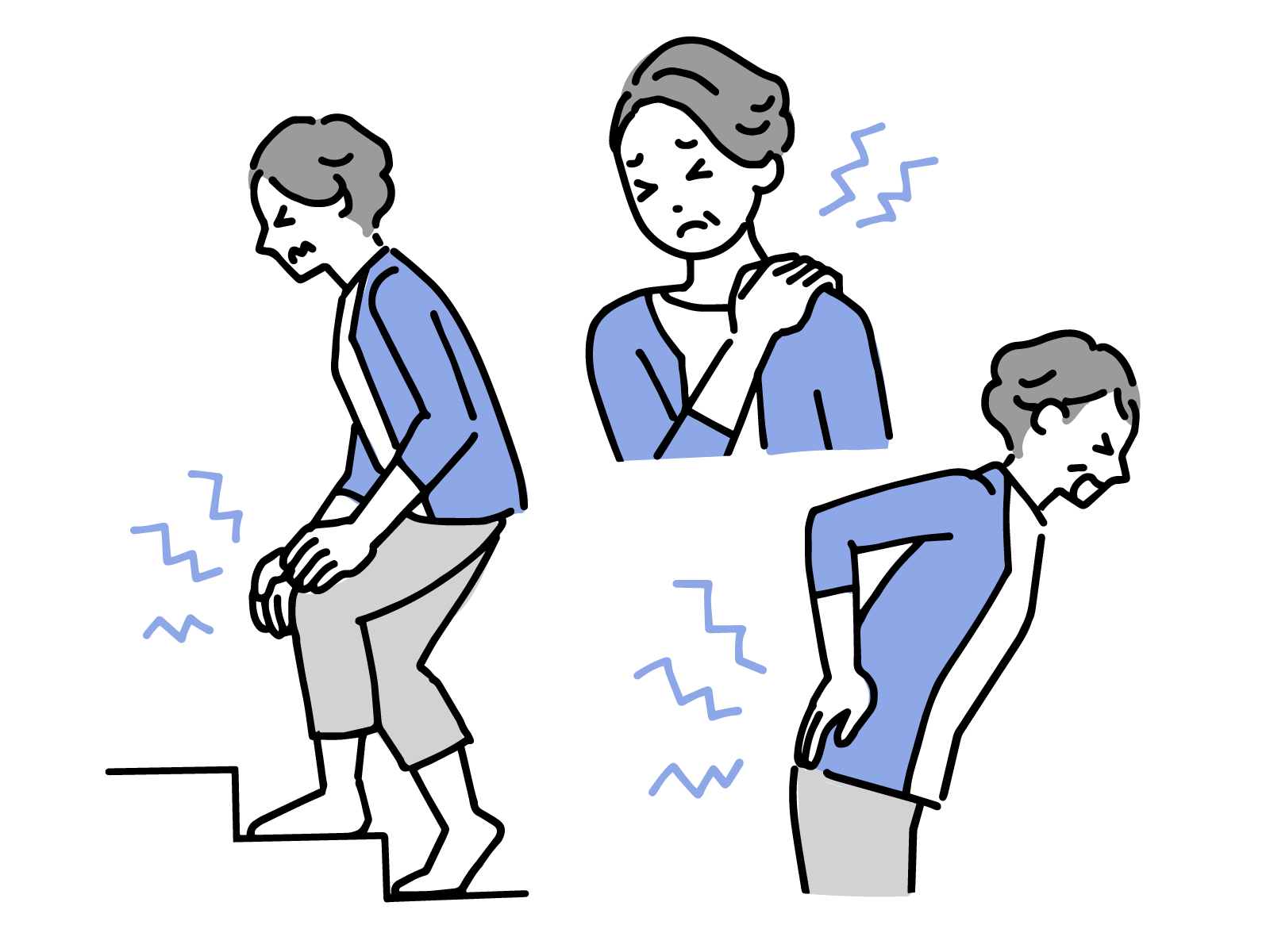 肩こり、腰痛、膝が痛いシニア女性のイラスト