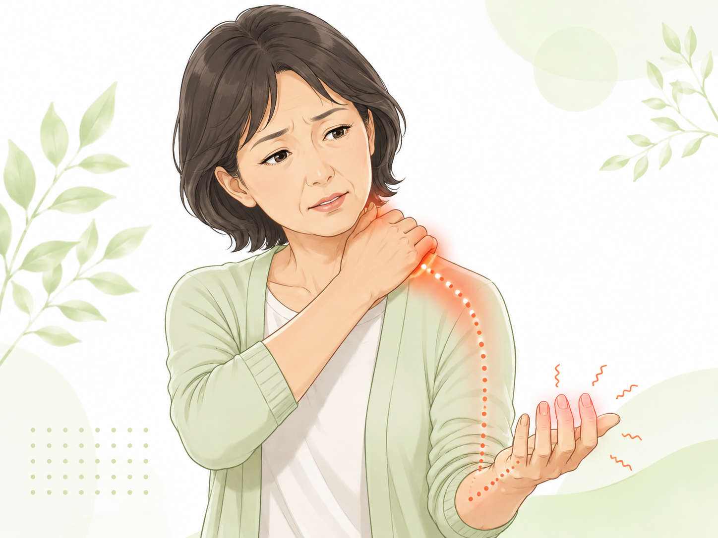 首から肩・腕・手にかけてしびれを感じる50代女性のイラスト
