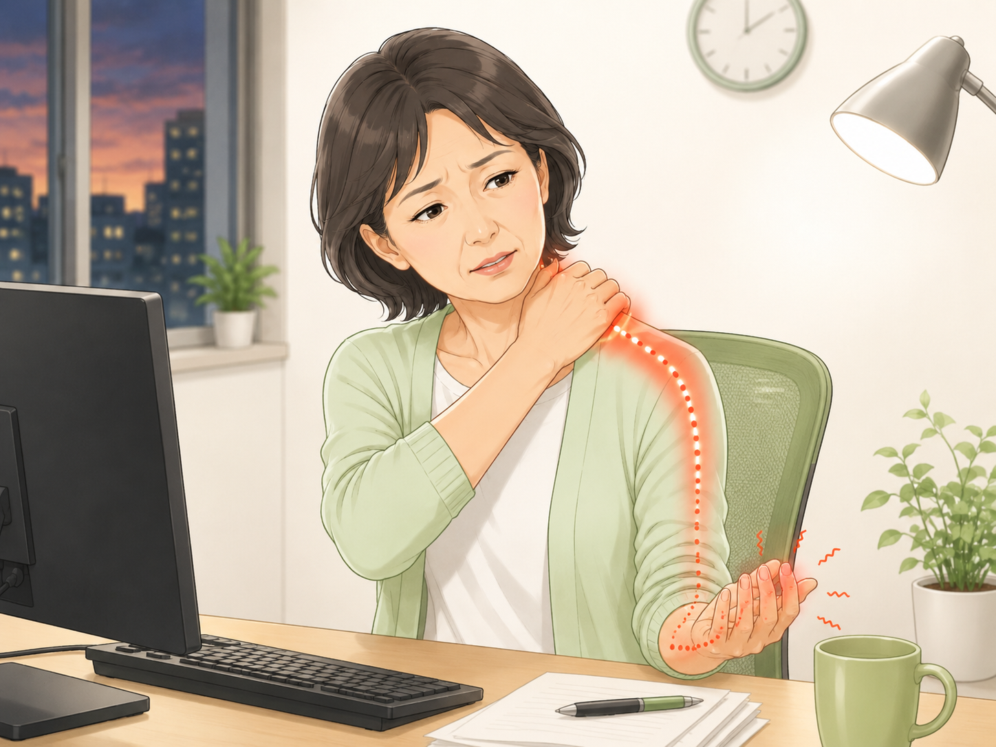夕方のデスクワーク中に首肩から腕のしびれを感じる50代女性