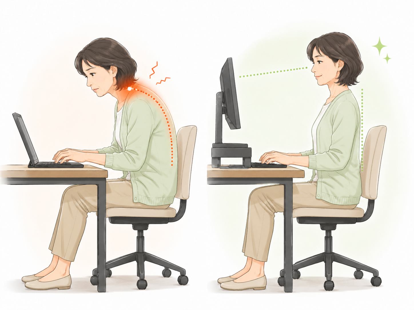 前かがみのデスク姿勢と首への負担を減らす姿勢を比較したイラスト