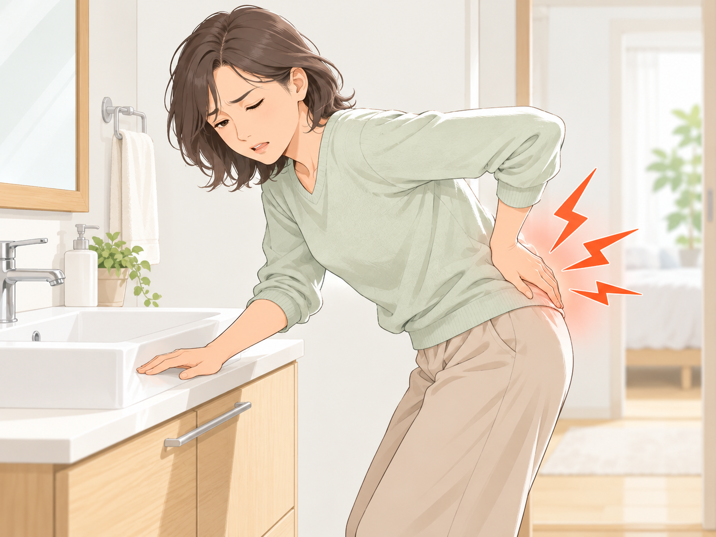 洗面台で前かがみになった際に腰の痛みを感じる女性のイラスト