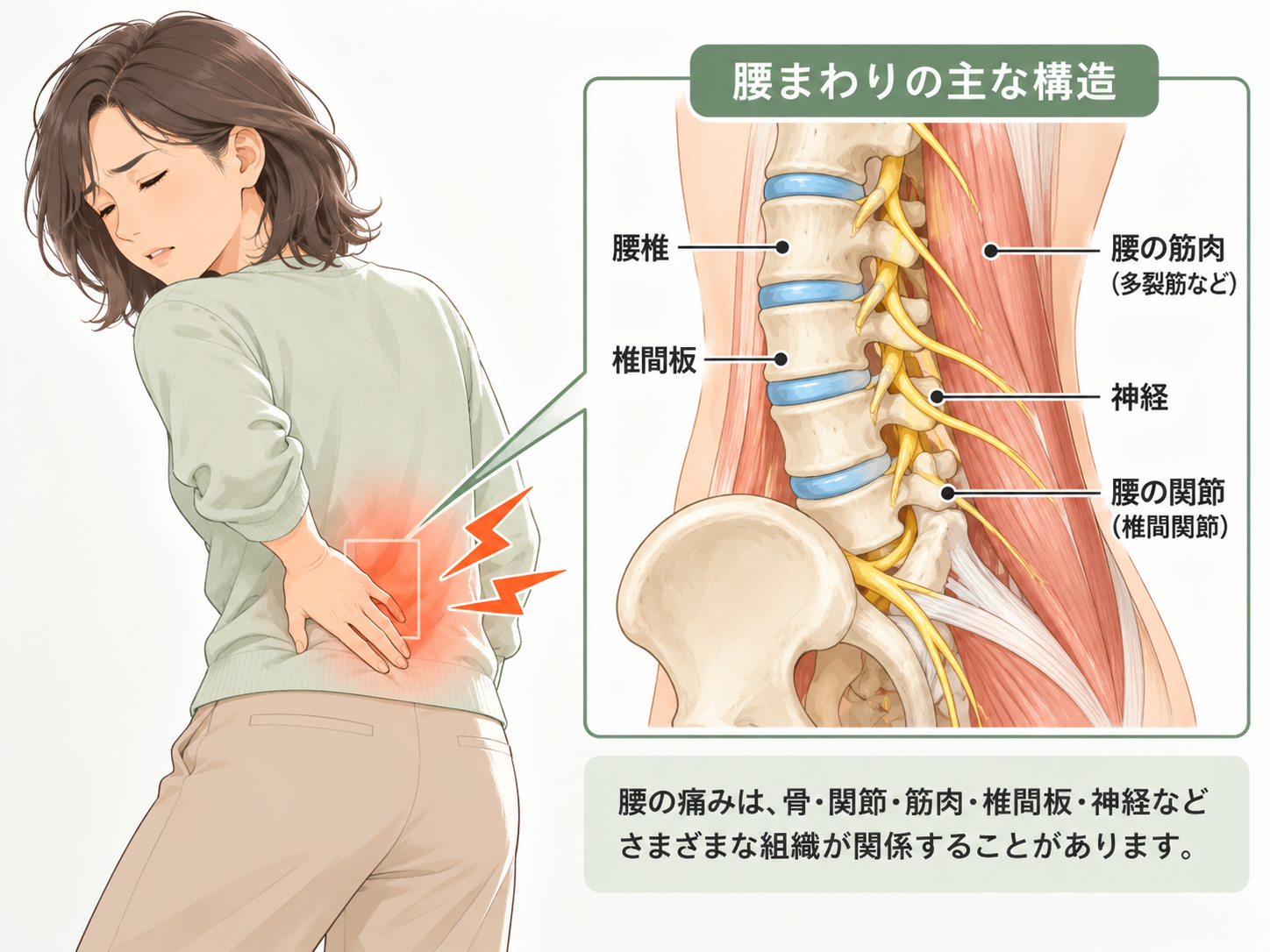 腰椎や椎間板、筋肉、神経など腰まわりの主な構造を示した図