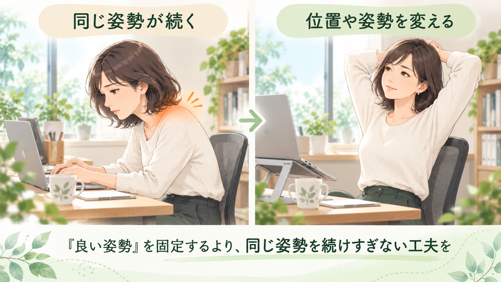 デスクワークで同じ姿勢が続く状態と姿勢を変える工夫を比較した40代女性のイラスト