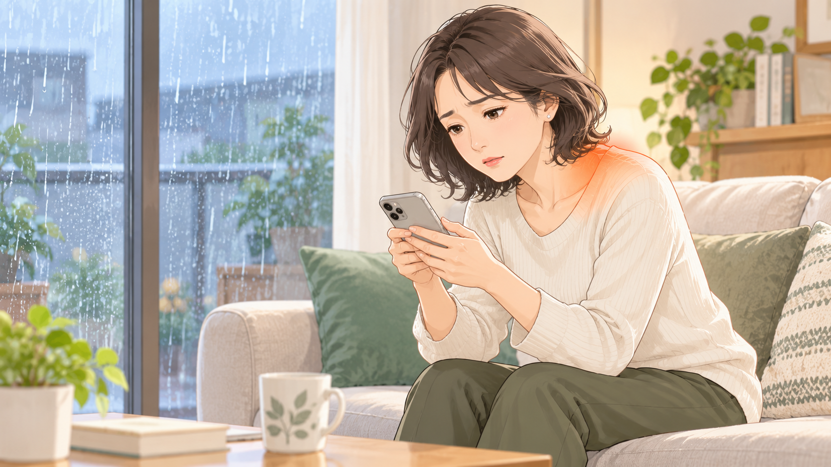 雨の日に自宅のソファでスマートフォンを見る40代女性のイラスト