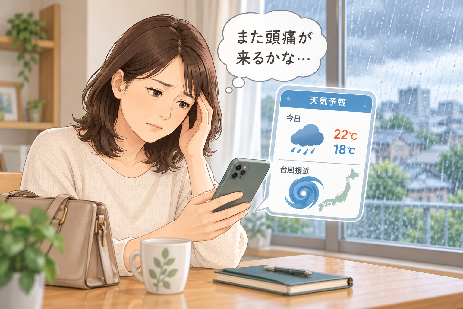 雨の日の天気予報を見ながら頭痛を心配する40代女性