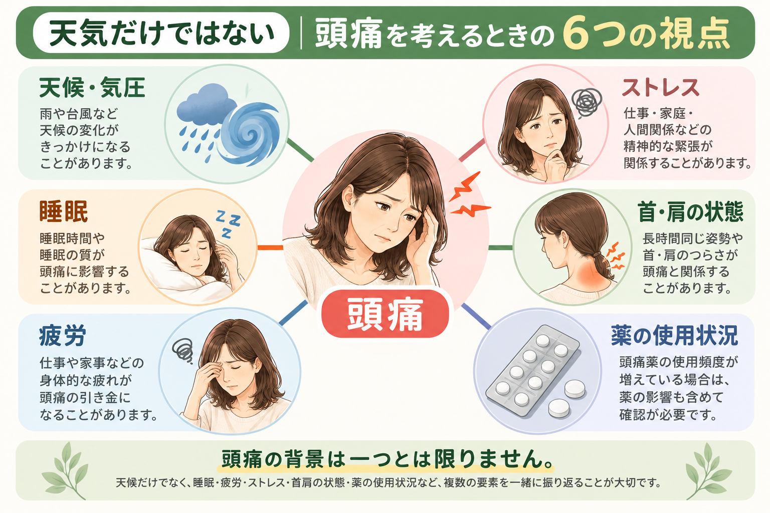 天候や睡眠、疲労、首肩、ストレス、薬など頭痛を考える6つの要素の図解