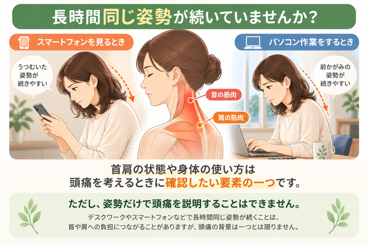 スマートフォンやパソコン使用時の首肩への負担を示した図解